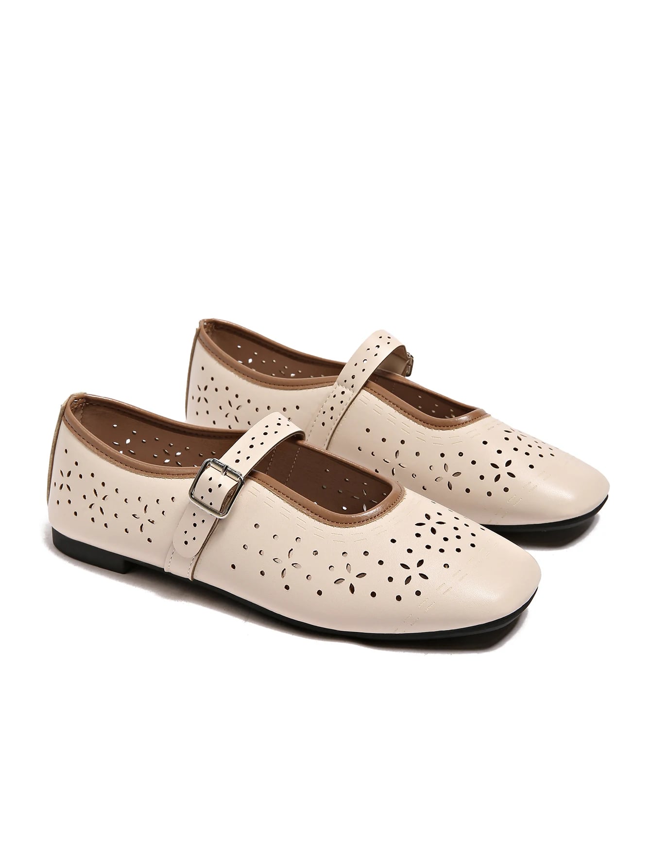 Beige Perforated Square-Toe Mary Jane Flat