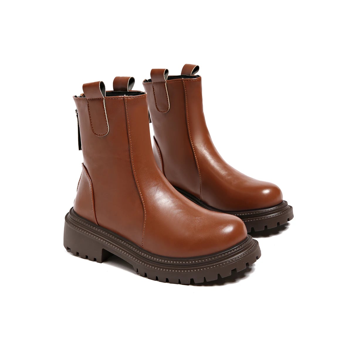 Layered Lug-Sole Back-Zip Ankle Boot